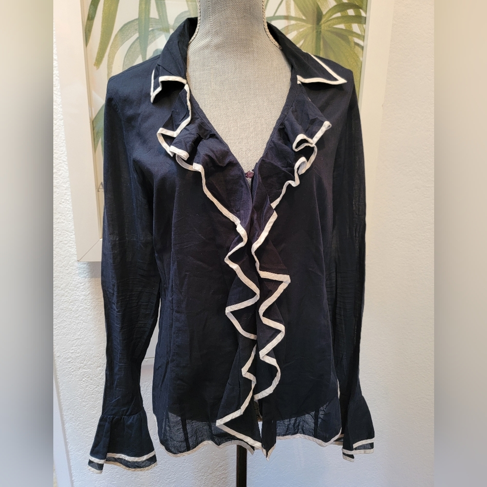 $150 OSCAR DE LA RENTA BLUE WHITE RUFFLE COTTON SHIRT US 16